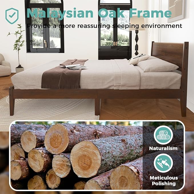Full Size Bed with Headboard, Mid Century Malaysian Oak Bed, Wooden Platform Bed Frame with Storage, No Box Spring Needed, Easy Assembly, Full Size, Antique Espresso