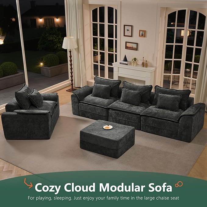 Hobestluk 120" Cloud Modular Sectional Couch 3-Seater Sofa with Ottomans U Shaped Couch Deep Seat Sofa with Removable Cover Large Sofa for Living Room (Dark Grey, 3-Seater Sofa with Two Ottomans)