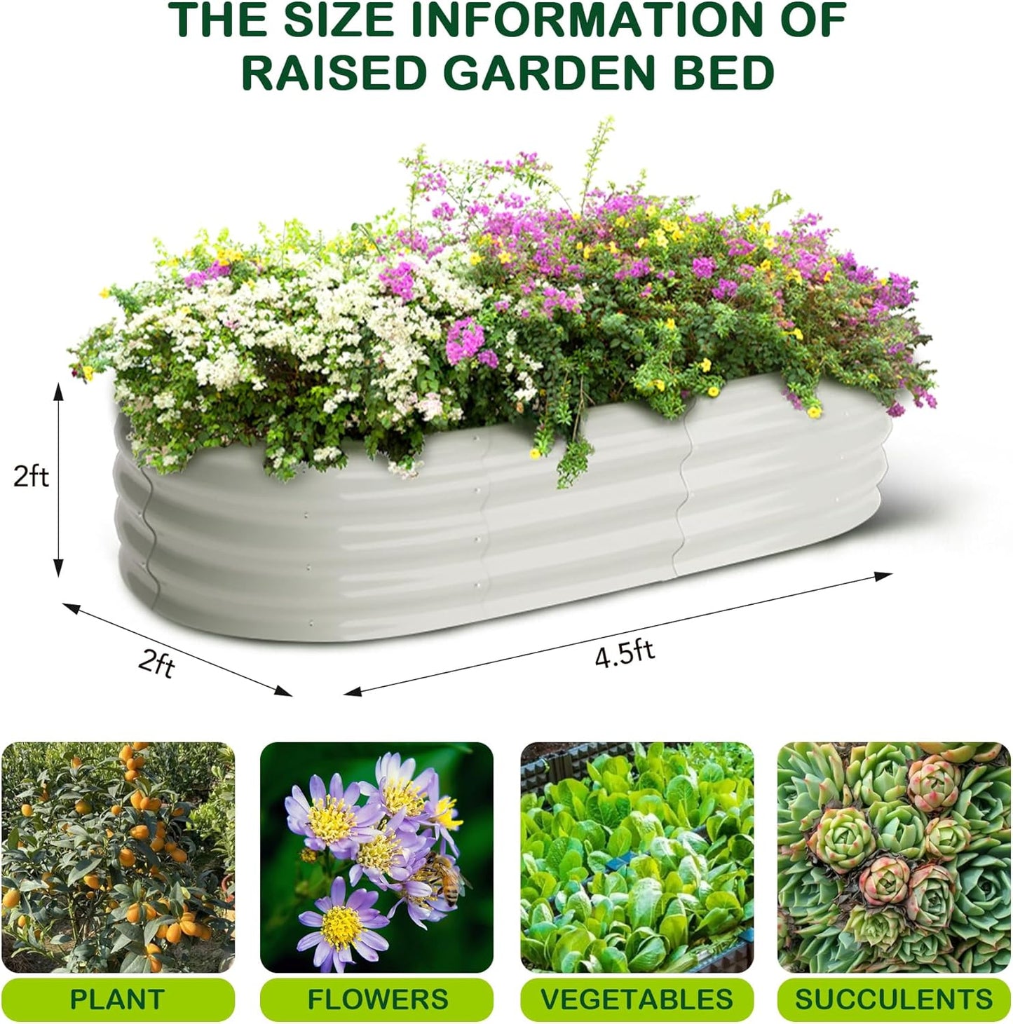 2 Pcs 4.5x2x2ft Oval Raised Garden Bed, Galvanized Raised Beds,Open-Ended Base Metal Raised Planter Beds,Garden Bed Outdoor,Planter Raised Boxes for Vegetables, Flowers,Tool-Free Asse,White