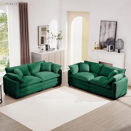 mikibama Luxury 2 Piece Sofa Set, 2 Pieces of Loveseat Couch, Modern Corduroy Comfy Cloud Couches Set for Living Room Office with 4 Armrest Pillows and 4 Toss Pillows, Green