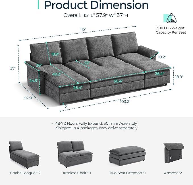 LINSY HOME Sleeper Sofa Bed, 115" Modular Sectional Sofa Bed with Double Layer Cushious, Comfy Cloud Sofa Couches for Living Room, Apartment, Home Theater, Grey