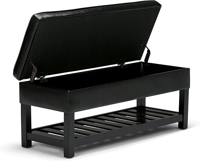 SIMPLIHOME Cosmopolitan Storage Ottoman Bench - 44 inch Wide Upholstered Vegan Leather Rectangle Storage Ottoman in Midnight Black, Transitional Bench for Bedroom with Tufted Lift-Top and Open Shelf