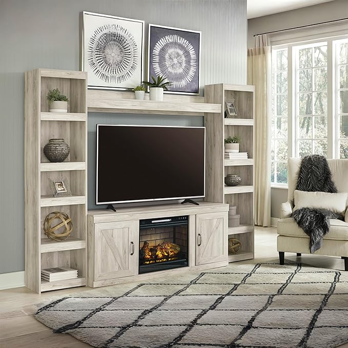 Signature Design by Ashley Bellaby Farmhouse 4-Piece Entertainment Center for TVs up to 69" with Electric Fireplace, Whitewash