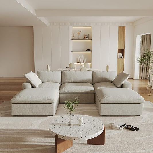 120" Cloud Modular Sectional Sofa with Storage Ottoman,Down Filled Comfort U Shaped Sofa Couch for Living Room,Minimalist Wide Deep Seat 5 Seater Convertible Couches for Office Apartment,Khaki