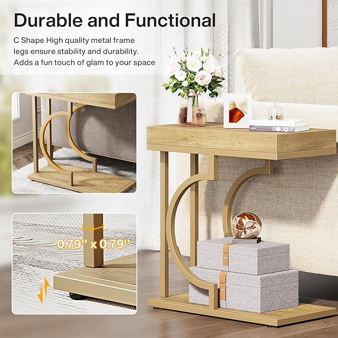 Tribesigns Narrow Side Table C Shaped End Table Modern Bedside Tables for Couch, Small Sofa Chairside Tables with Metal Frame for Living Room (2, Natural+Wood Tones)