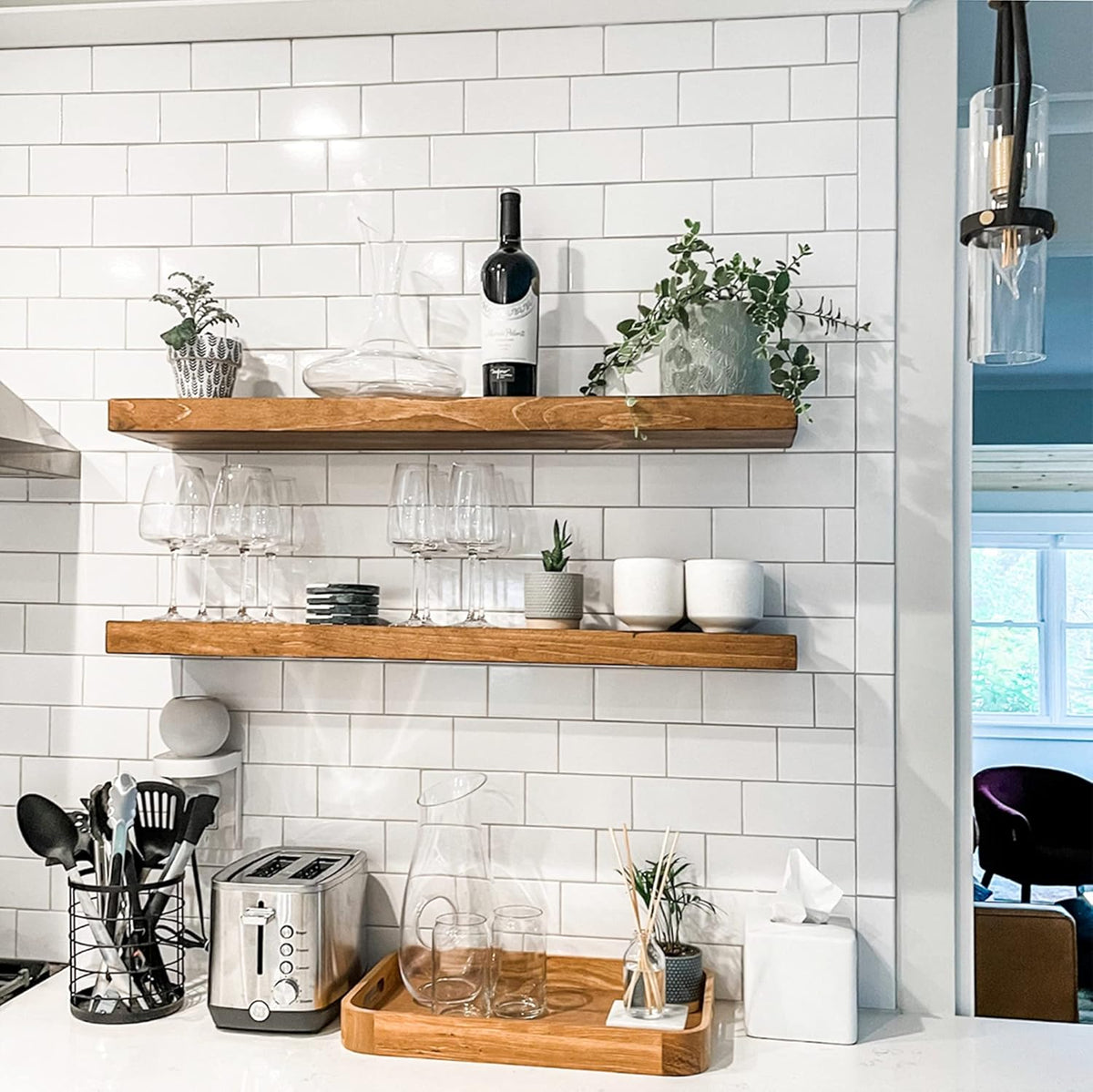 URBANDI, Rustic Floating Shelves, Set of 2, Hidden Bracket, Solid Wood, Heavy Duty, Wall Mounted Shelves, (Brown, 60Wx8D)