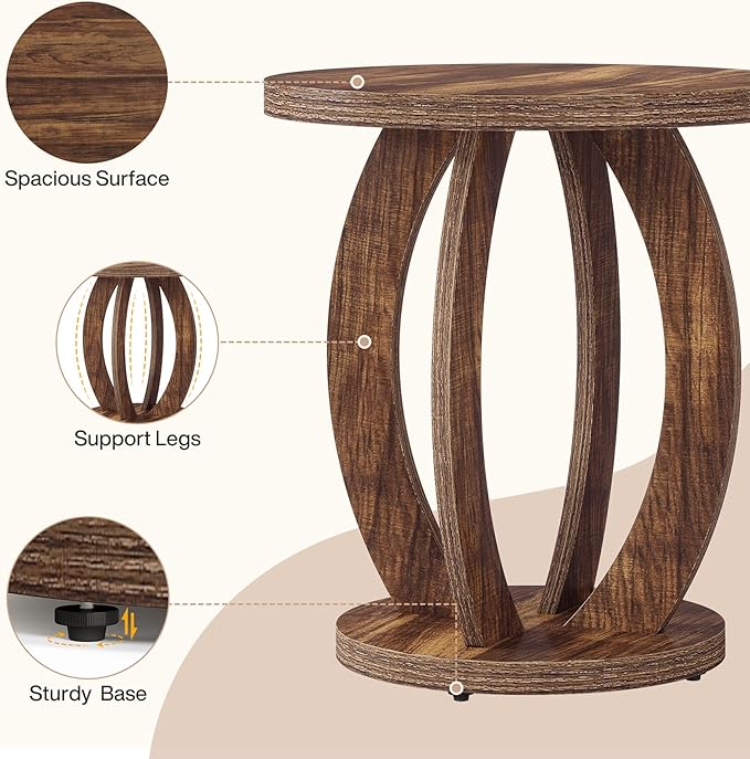Tribesigns End Table, Round Side Table with Storage, Farmhouse Nightstand Bedside with Round Tabletop, Accent End Table for Living Room Bedroom Small Space, Wooden Accent Furniture (2, Dark Brown)