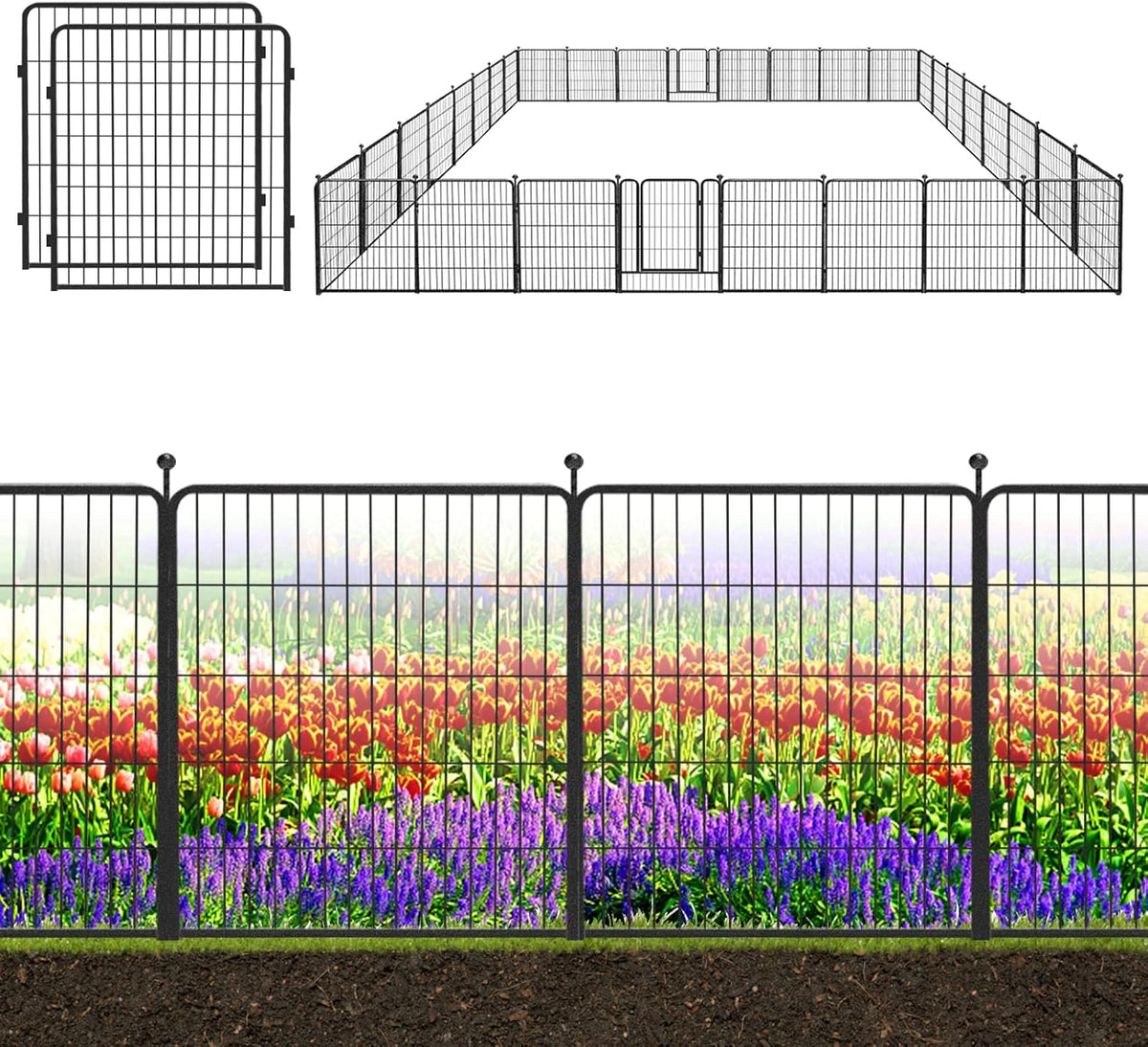 Decorative Black Metal Fencing Garden Fence with Gate, 73ft(L) 32in(H) 32 Fence Panels No Dig Fence Rustproof Animal Barrier Fence Temporary Dog Panels Fencing Outdoor