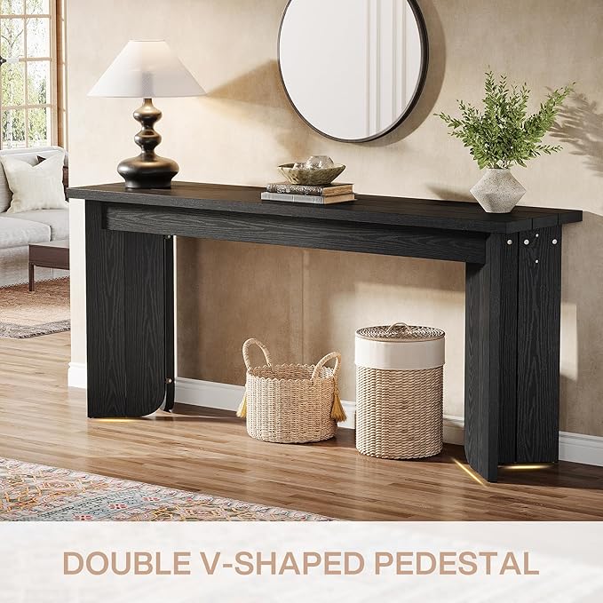 Tribesigns 70.9-Inch Extra Long Console Table, Farmhouse Sofa Console Table with Widened Tabletop, Entryway Accent Tables with Sturdy Double Pedestal for Living Room (Black)