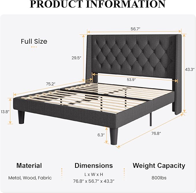 SHA CERLIN Full Size Upholstered Platform Bed Frame with Wingback Headboard, Tufted Linen Fabric, Wooden Slats Support, Easy Assembly, No Box Spring Needed, Dark Grey