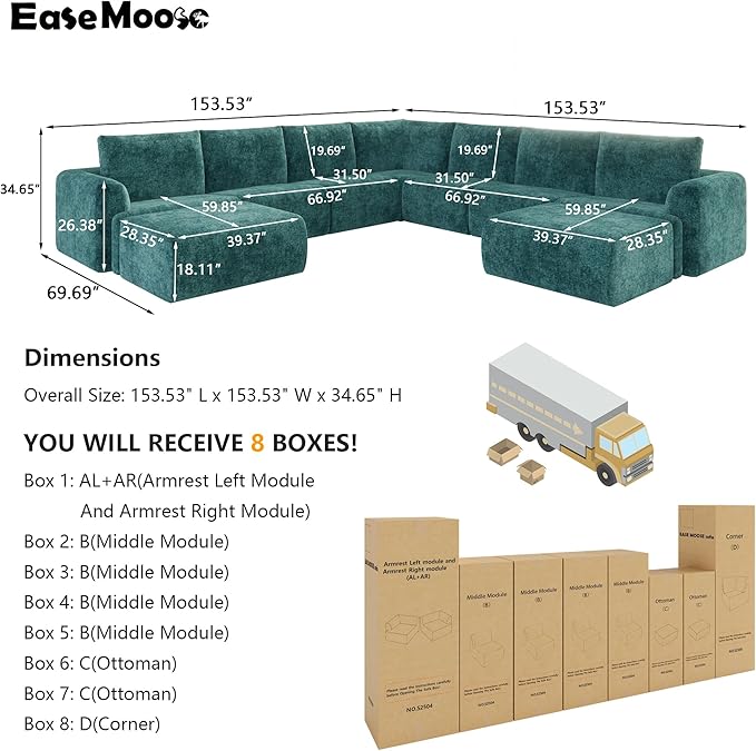 EASE MOOSE Oversized Sectional Cloud Couch, 9-Seat Modular Boneless Sofa Set with Deep Seat, No-Assembly Chenille Sofa for Living Room, Blue