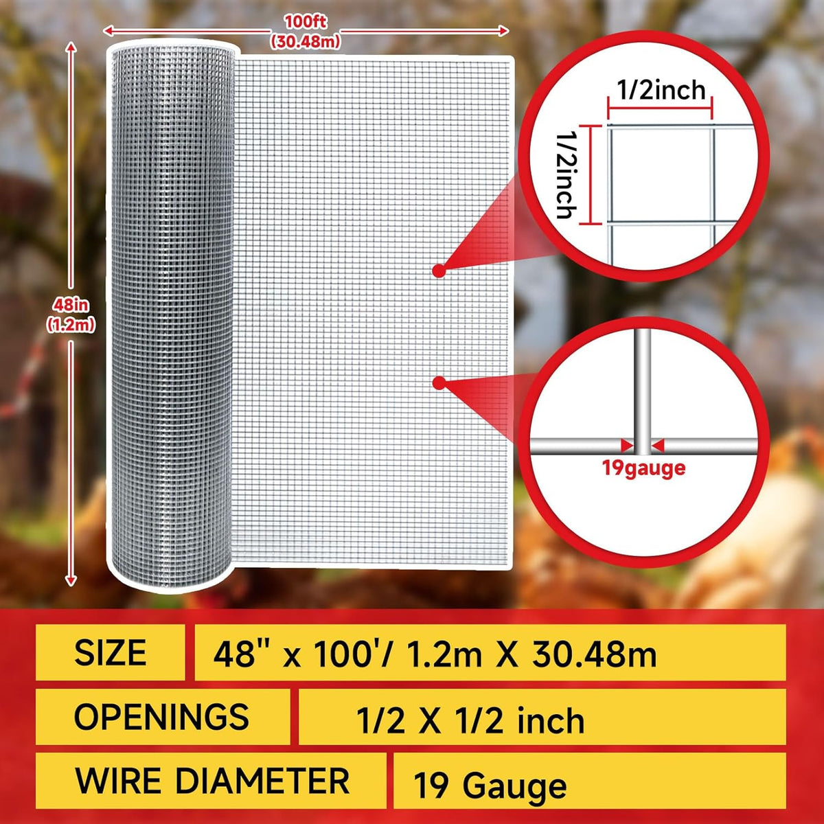 Hardware Cloth,1/2inch 48inx100ft 19 Gauge,Double-Layer Hot-Dip Galvanizing After Welding,Chicken Wire Fence Wire Mesh Fence Poultry Netting Garden Fence Tree Guard Rolls Chicken Coop Accessories