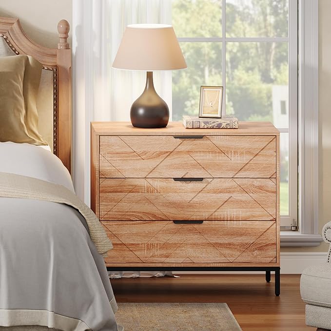 Tribesigns Wooden Nightstand Set of 2 with 3 Drawers, 31" Wide Night Stand with Metal Legs, Modern Large Bedside End Table for Bedroom, Living Room