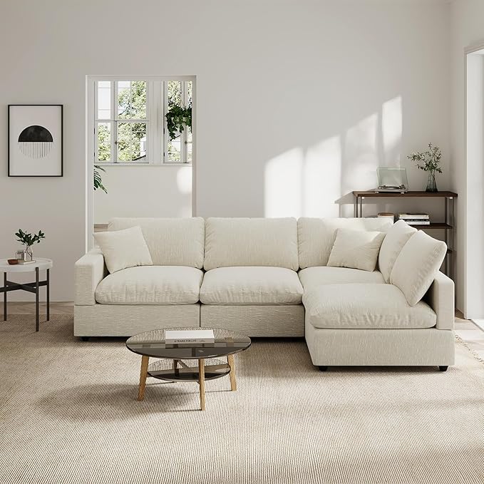 Modern Sectional Linen Couch for Living Room L-Shape Sofas,4 Seat Modular Cloud Sofas,Detachable Couch Cushion Covers,Cozy Feather Down Sofa for Apartment Beige