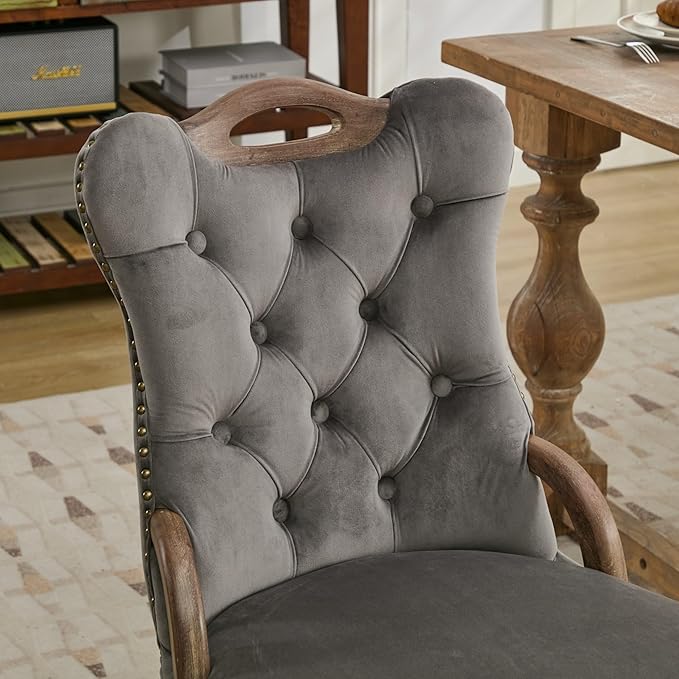 Velvet Dining Chairs Set of 4, Solid Wood Handles, Wooden Upholstered Dining Chair, Vintage Copper Nail Decoration, Mid Century Modern Kitchen Chair (Grey, Set of 4)