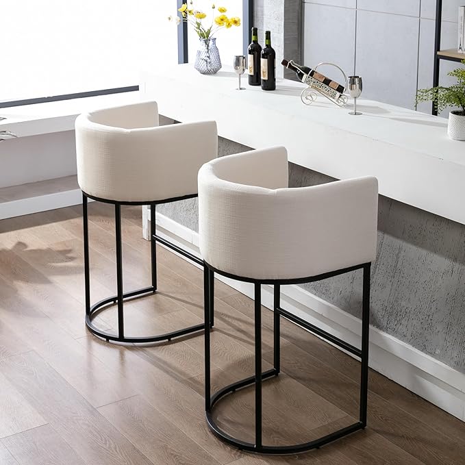 Contemporary Cream Linen Bar Stools Set of 3, 32" Upholstered Fabric Counter Height Bar Stools Kitchen Counter Island Stools with Black Metal Base