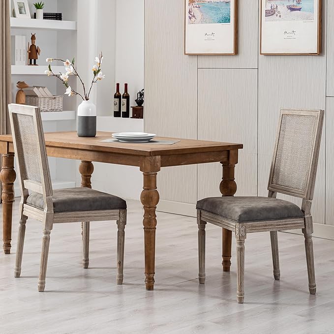 PU Leather Dining Chairs Mid Century Kitchen Chairs Set of 2 Upholstered Parsons Chairs Accent Side Chair with Rattan Back for Living Room Dining Room Bedroom, Grey