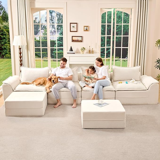 Hobestluk 152" Cloud Modular Sectional Couch 4-Seater Sofa with Ottomans U Shaped Couch Deep Seat Sofa with Removable Cover for Living Room (Beige, 4-Seater Sofa with Two Ottomans)