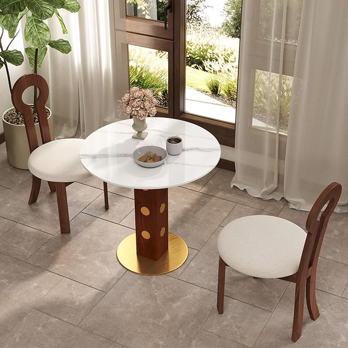 Sintered Stone Office Table and Chair Set - 33.5" Round Table for Small Offices (Red Leg and White Top, 1 Table and 2 Chairs)