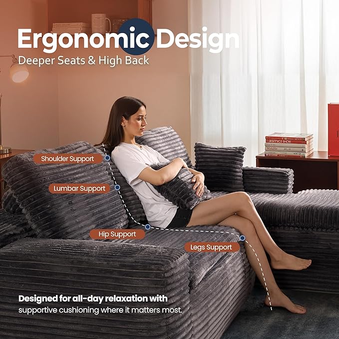 106" Oversized Couch Sofa, L Shape Couches for Living Room, No Assembly Required Plush Velvet Sectional Sofas with Right Facing Chaise for Home Apartment