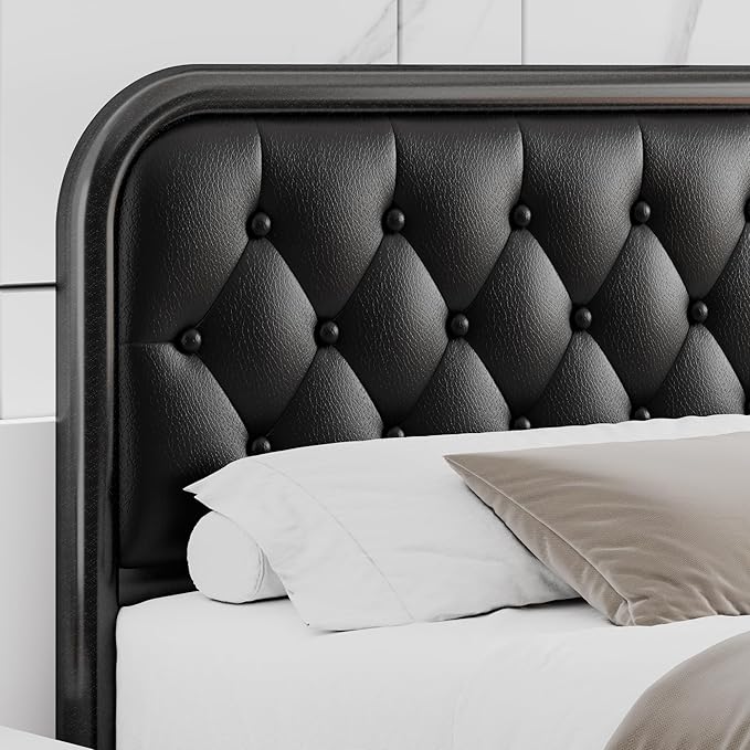 Full Size Metal Bed Frame with Button Tufted Leather Upholstered Headboard and Footboard, U-Shape Support Foundation, No Box Spring Required, Black