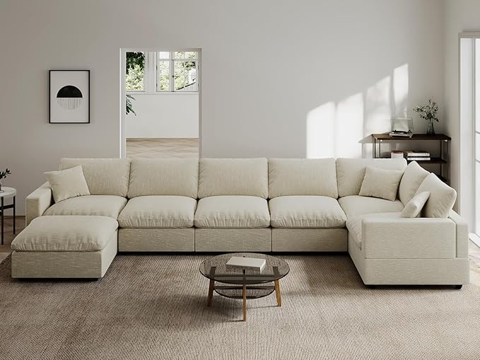 Modern Sectional Linen Couch for Living Room V-Shape Sofas,7 Seat Modular Cloud Sofas,Couches Cushion Covers Removable,Cozy Feather Down Sofa for Apartment Beige