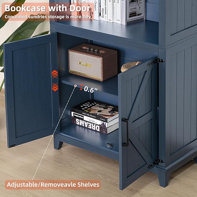 70in Tall Bookshelf 5 Tier Bookcase with Barn Doors and Adjustable Shelves, Blue Farmhouse Book Shelf with Storage Cabinet, Wood Freestanding Display Bookshelves for Bedroom, Living Room