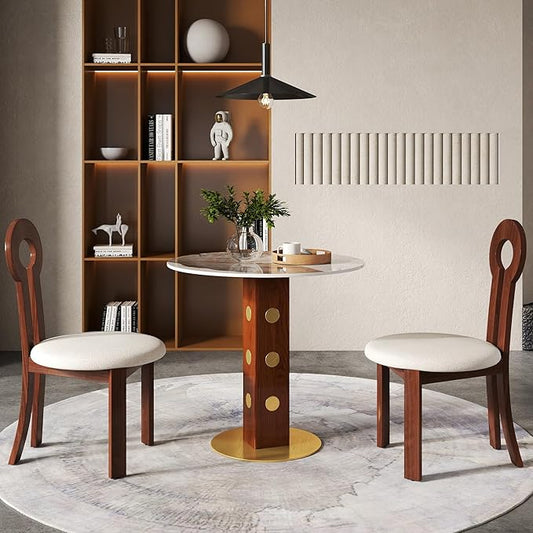 Sintered Stone Office Table and Chair Set - 33.5" Round Table for Small Offices (Red Leg and Pandora Top, 1 Table and 2 Chairs)