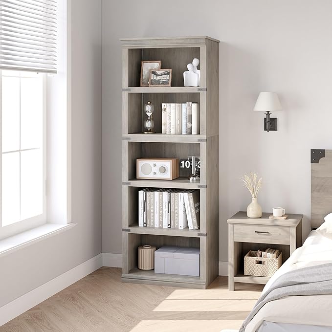 IDEALHOUSE 5 Tier Bookcase, Farmhouse Book Shelf with Storage, Tall Book Case Wooden 5 Shelf Bookcase for Home Office, Living Room, Bed Room (Grey, 67.4" H x 24.6" W x 12.8" D)