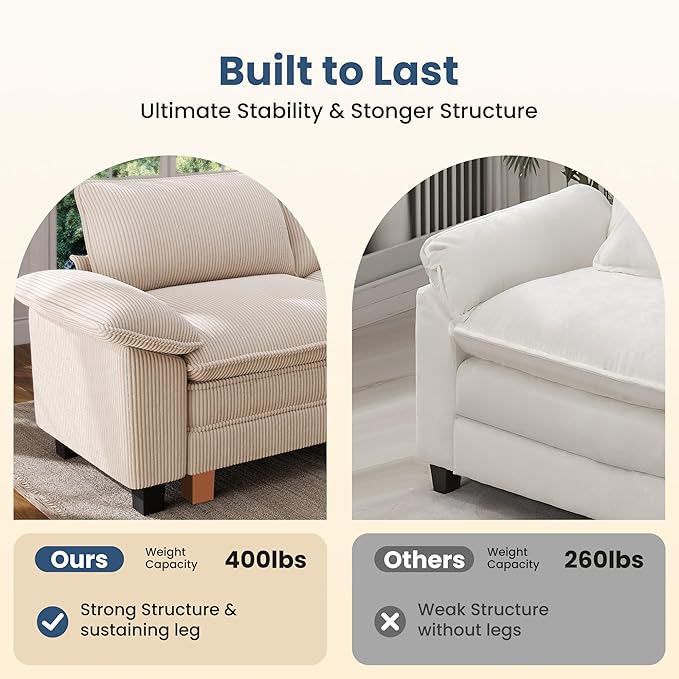 PHI VILLA Oversized Single Armless Sofa with Ottoman, Upholstered Chaise Lounge Chairs, Indoor Cloud Reading Chair with Deep Seat for Small Spaces, Chenille Fabric, Teal