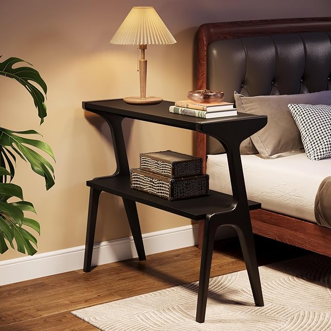 Tribesigns Solid Wood End Table, 2-Tier Modern Slim Couch Side Table with Storage Shelves, Tall Sofa Side Table with Cute Deer-Shaped Legs for Living Room, Skinny Bedside Nightstand for Bedroom, Black