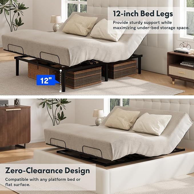 FLEXISPOT S3K-Lite King Size Adjustable Bed Frame Base, Zero Clearance, Independent Head & Foot Incline, Zero Gravity, Wireless Remote, 12’’ Legs, Easy Assemble, 5-Year Warranty, 750 lbs.