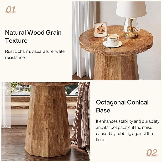 Tribesigns Farmhouse Round End Table, Wooden Couch Side Table with Octagonal Base, Rustic Brown Nightstand Pedestal Accent Furniture for Living Room, Bedroom (1, Walnut)