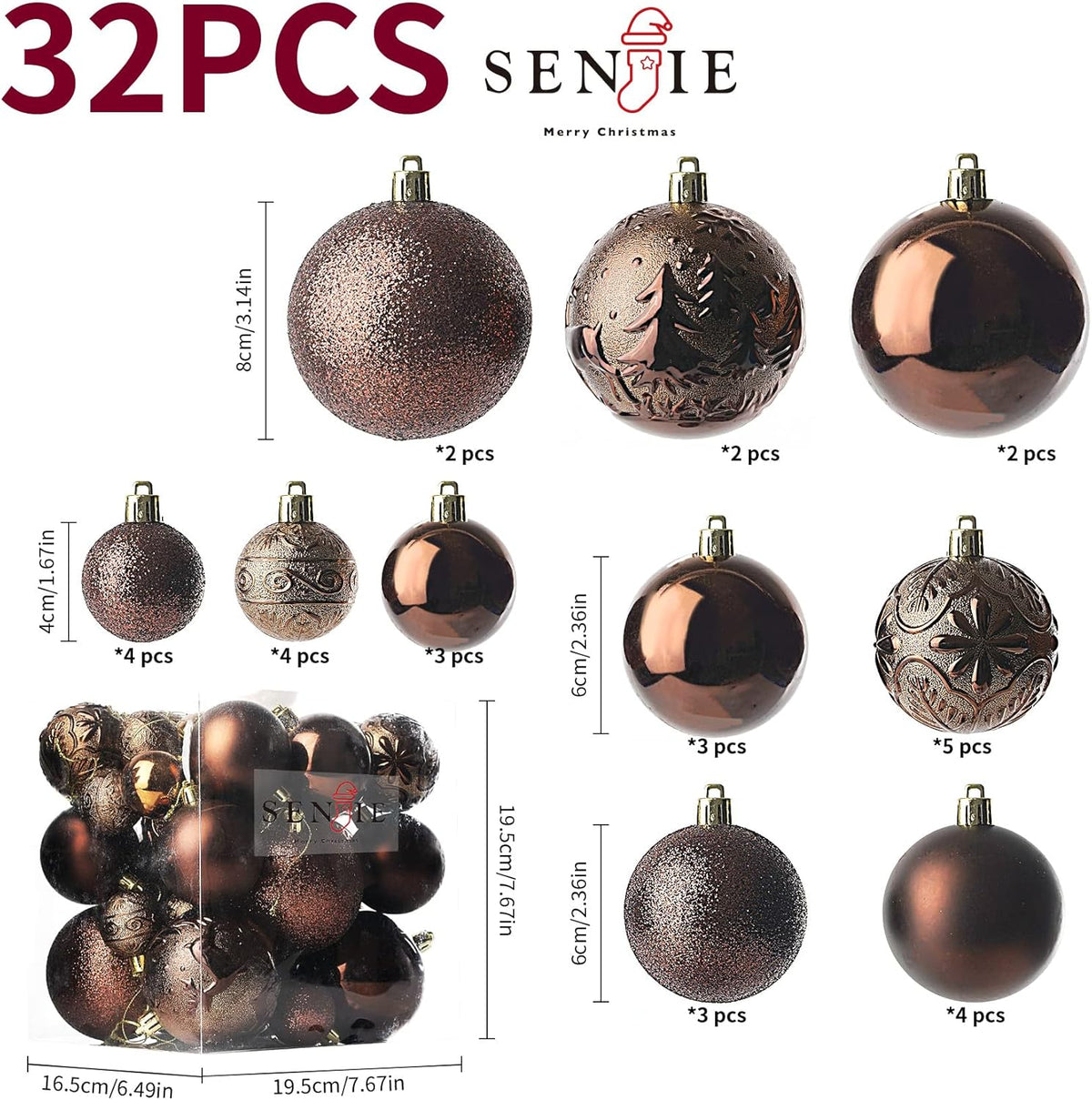 Senjie Brown Shatterproof Christmas Ornaments, 32 Pcs Spherical Balls for Xmas Trees