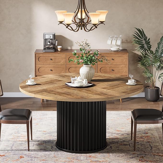 Tribesigns Round Dining Table for 4-6, 47-Inch Modern Circle Kitchen Table with Fluted Round Base, Farmhouse Wood Dinner Table for Dining Room, Kitchen, Living Room, Brown and Black