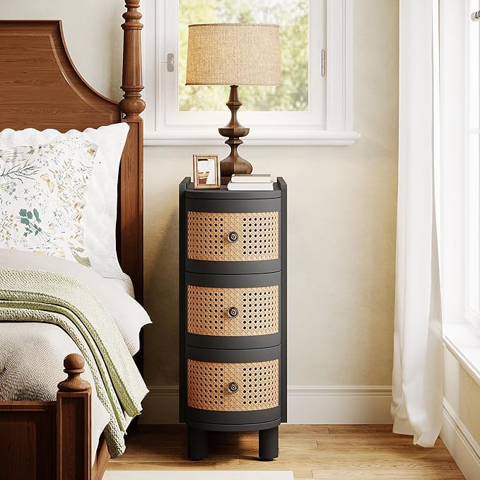 Tribesigns 3-Drawer Rattan End Table, Sofa Side Table with Vintage Embossed Handles, Slim Nightstand for Living Room, Bedroom, Finished Back, No Assembly (Black & Oak, 1 PC)