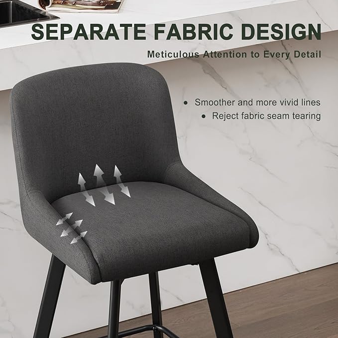 Swivel Counter Height Bar Stools Set of 3, 29''H Upholstered Barstools with Backs, Modern Bar Stool Chairs for Kitchen Island, Metal Legs, Fabric, Black Grey Stools Counter Chair