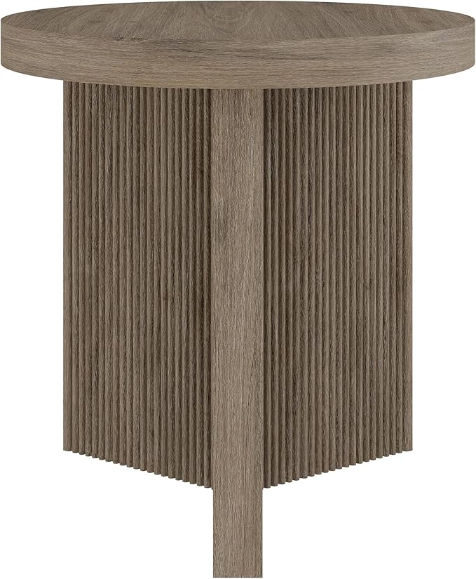 Henn&Hart 22" Fluted Scandinavian Round End Table, Ribbed Side Table, Nightstand for Living Room, Office, Family Room, or Bedroom, Antiqued Gray Oak