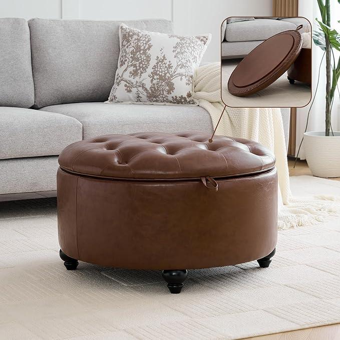 30Inch Round Storage Ottoman with Tray, Modern Tufted Leather Circle Coffee Table with Storage, Upholstered Ottoman with Removable Top for Living Room, Bedroom, Leather Coffee