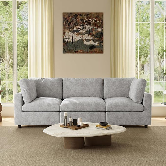 WJShome Modern Sectional Couches for Living Room,100 Inch 3-Seater Chenille Deep Seat Modular Sofa, Cloud Couch for Bedroom and Apartment，Gray