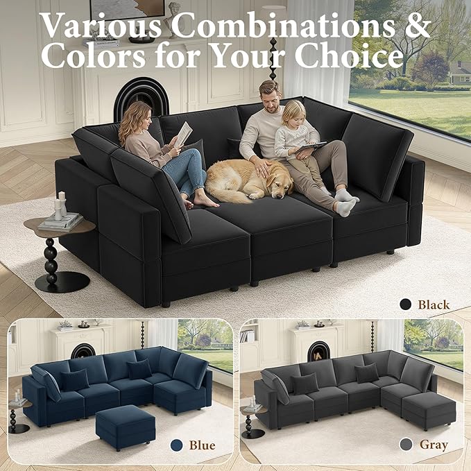 Vesgantti Sectional Sleeper Sofas with Storage, 92" Sofa Bed with 6 Seats Storage Chaises Removeble Cover, Deep Seat Modular Couches Velvet Couch Set for Living Room, Apartment, Home Theatre, Black
