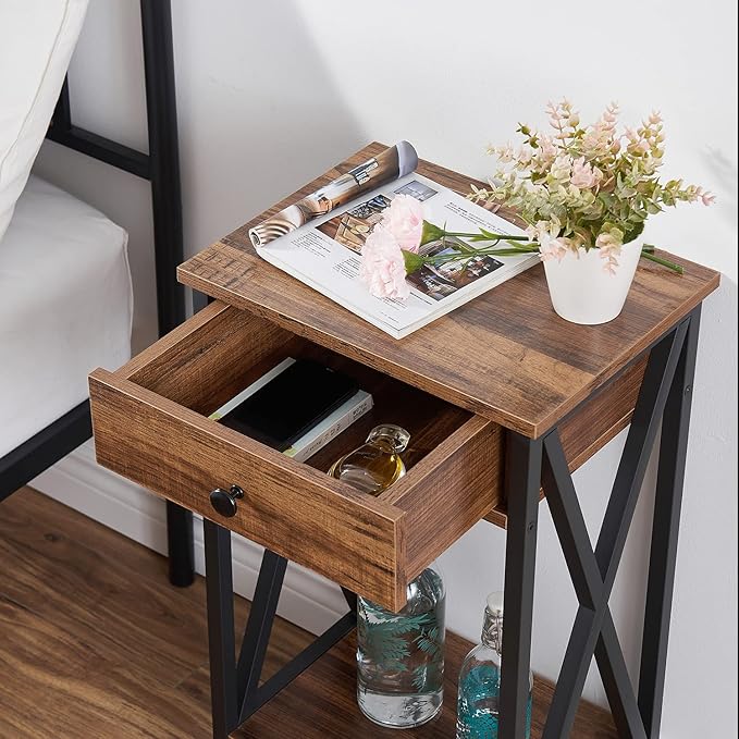 VECELO Modern Versatile Nightstands X-Design Side End Table with Storage Basket Night Stand Storage Shelf for Living Room Bedroom