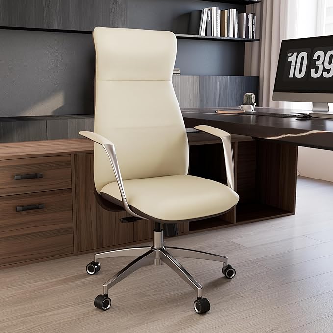 EUREKA ERGONOMIC Royal Slim Executive High Back Beige Leather Office Chair, Home Desk Chair for Adults, Big and Tall with Wheels, Swivel Rolling