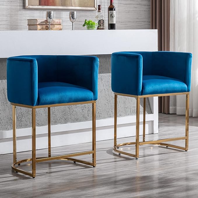 Contemporary Blue Velvet Bar Stools Set of 2, 24" Upholstered Fabric Counter Height Barstools Kitchen Counter Island Stools with Screwed Together Golden Metal Base