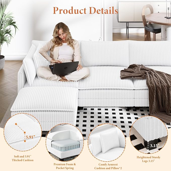 Vesgantti 143" L Shaped Modular Sectional Sofa, Comfy Corduroy Upholstered Modular Sectional Couches for Living Room, Modern Cloud Couch with Ottoman Deep Seat, Warm White