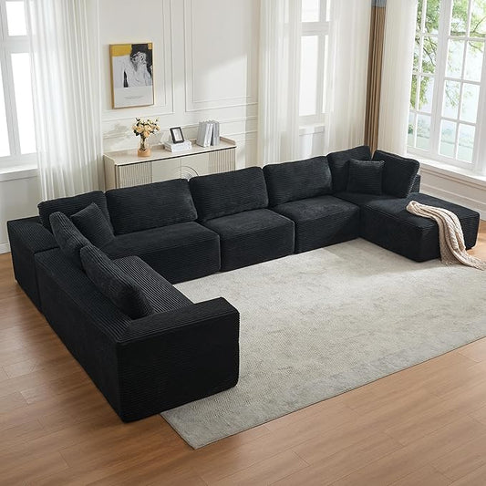 Modular Sectional Cloud Couch for Living Room,Modern Boneless Couche Set with Plush Corduroy,Comfy Floor Sofa with Memory Foam,Stupendous U Shaped Sofa with Chaise,No Assembly Required,Black