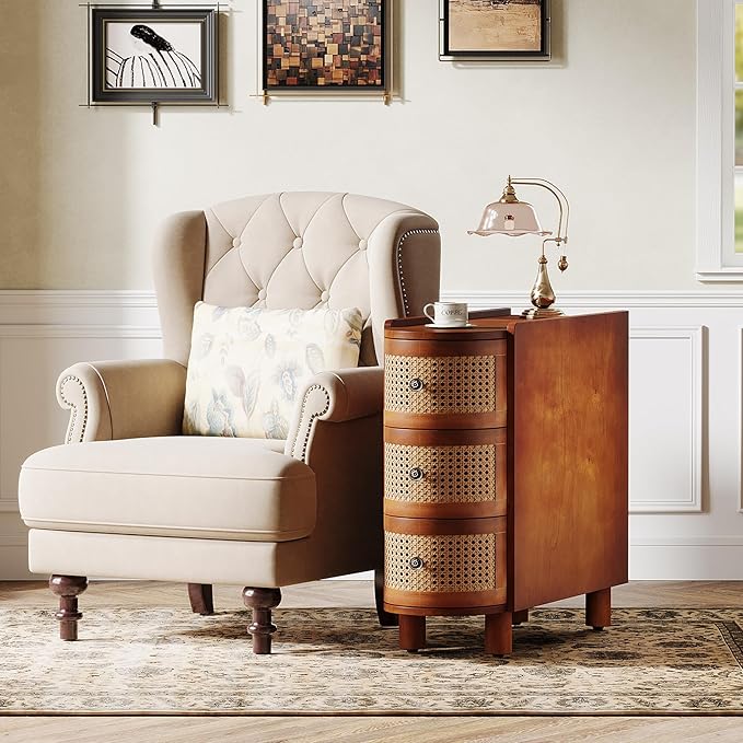 Tribesigns Solid Wood End Table, 3-Drawer Rattan Side Table, Night Stand with 3 Rattan Drawers and Exquisite Embossed Handles for Living Room, No Assembly Required (Walnut & Oak, 1PC)