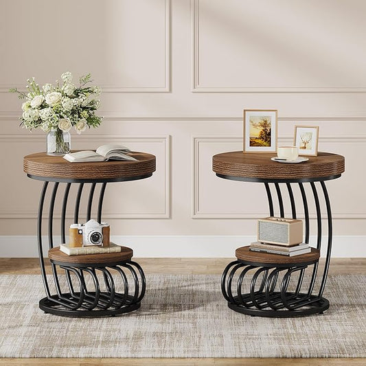 Tribesigns Round End Table Set of 2, 2-Tier Farmhose Wood Side Table with Shelf Storage, Small Sofa Side Bedside Nightstand, Accent Furniture for Living Room, Light Brown