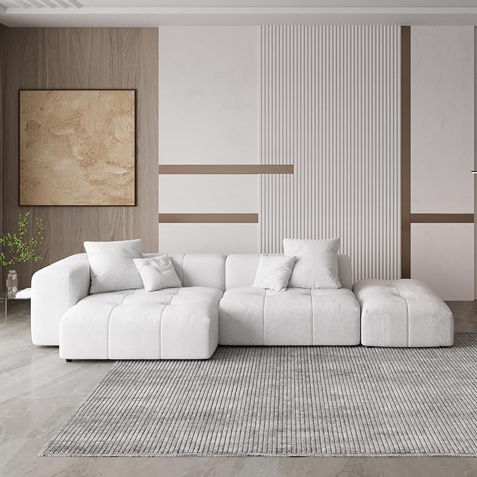 WJShome Modern Modular Sofa with Ottoman,119" L Shaped Sectional Couch, Linen Deep Loveseat with Pillows Couches for Living Room, Bedroom and Apartment,White