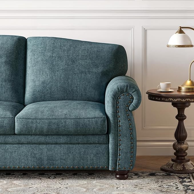 ONBRILL 90 Inch Nailhead Trim Couch for Living Room, 23 Inch Deep Seat Rolled Arm Sofa, Comfy Upholstered 3 Seater Chenille Couch w/Wooden Leg, Large Traditional Sofa for Farmhouse, Teal